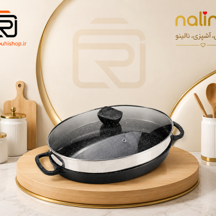 تابه چدن نالینو بیضی مدل angle (با درب شیشه)