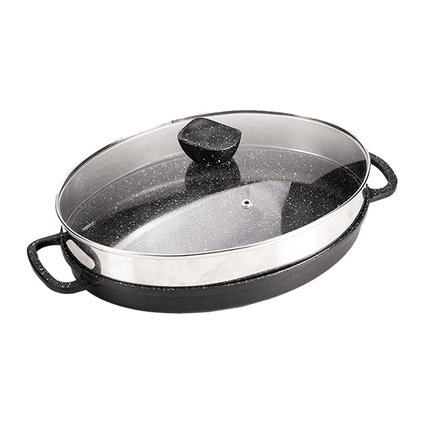 تابه چدن نالینو بیضی مدل angle (با درب شیشه)