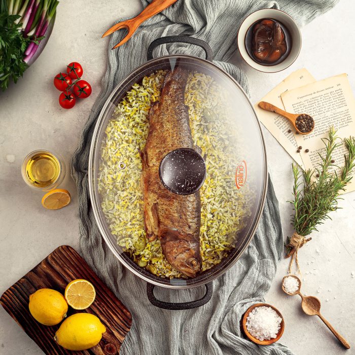 تابه چدن نالینو بیضی مدل angle (با درب شیشه)