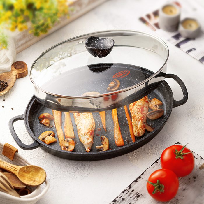 تابه چدن نالینو بیضی مدل angle (با درب شیشه)